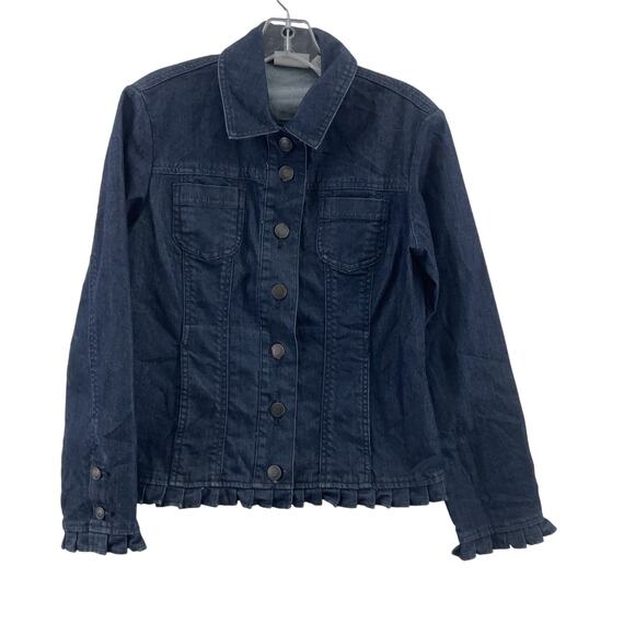 Chico's Blue Cotton Denim Ruffle Jacket Size 0 Women's Preowned - Picture 1 of 5